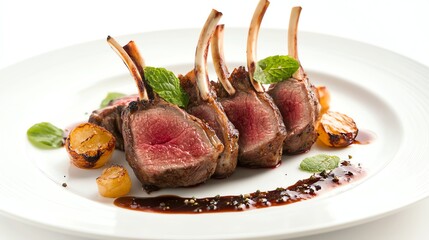 Canvas Print - A plate of lamb chops with sauce and roasted vegetables.