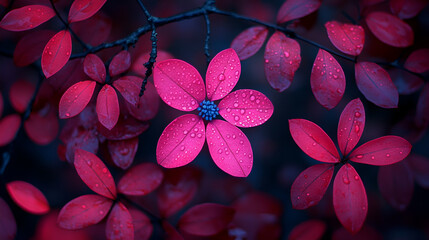 Wall Mural - Vivid red leaves glisten with droplets in a serene natural setting during early morning light