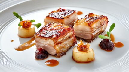 Canvas Print - Crispy pork belly on a white plate with sauce, herbs and roasted vegetables.