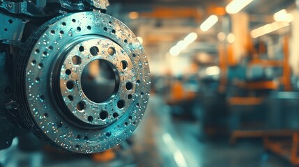 Poster - Close-up of a metallic brake disc in an industrial setting, showcasing precision engineering.