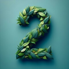 the number 2 made out of leaves, on a teal background