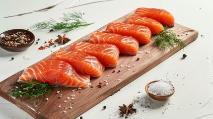 Wall Mural - Neatly arranged slices of fresh, orange-hued salmon on a wooden board, adorned with various herbs and spices.