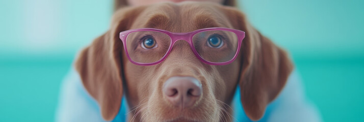 Sticker - A dog wearing pink glasses looks at the camera.