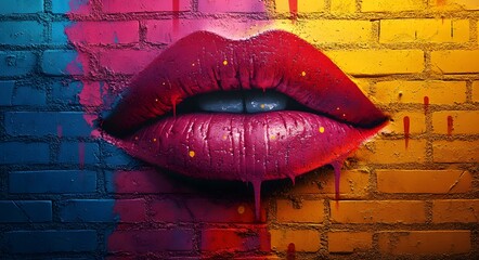 This striking artwork features a close-up of  lips painted with vibrant pink lipstick, set against a colorful brick wall.