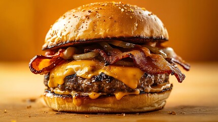 Wall Mural - A close-up of a cheeseburger with bacon and onion on a bun.