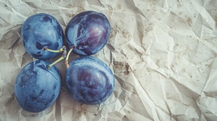 Poster - Four plump plums rest on a crumpled piece of parchment paper, showcasing their fresh, vibrant colors.