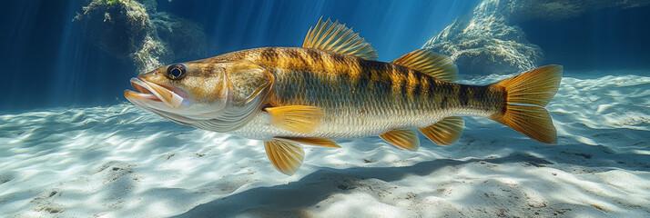 A large fish swims through clear blue water.