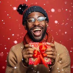 Canvas Print - A man excitedly holding a Christmas present with a ribbon.