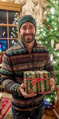 Sticker - A man holding a beautifully wrapped holiday gift.