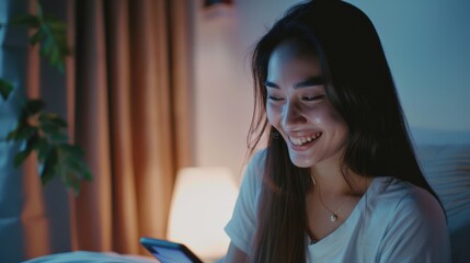 Sticker - A young woman smiles warmly while looking at her phone, sitting in a softly lit room, creating a cozy and engaging atmosphere.