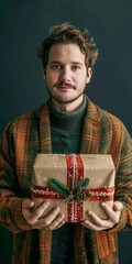 Canvas Print - A man holding a beautifully wrapped holiday gift.