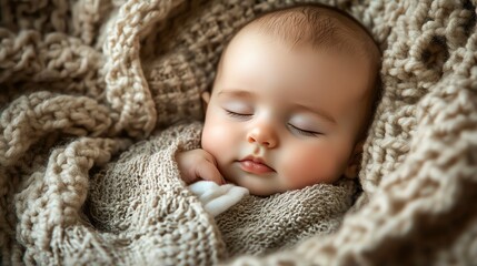 Wall Mural - A baby sleeps peacefully, curled up on a soft white blanket.