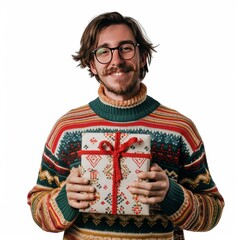 Canvas Print - A man in a holiday sweater presenting a wrapped gift.