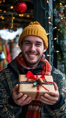 Sticker - A man smiling while holding a Christmas gift.