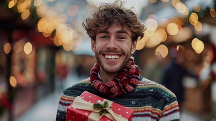 Canvas Print - A man with a cheerful smile holding a holiday present.