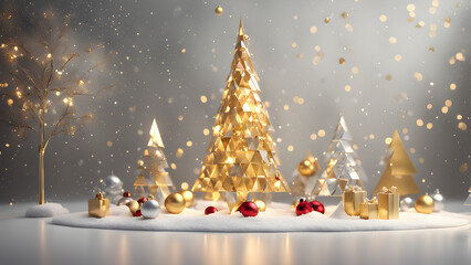 3D rendering of a modern Christmas scene with a sleek, minimalist design.