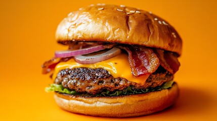 Canvas Print - A cheeseburger with bacon and red onion on an orange background.