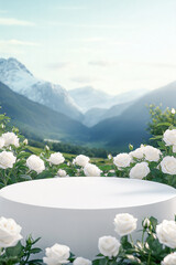 White empty circular podium with smooth surface surrounded by white roses and greenery against scenic mountain backdrop. Elegant outdoor floral product display background with copy space.