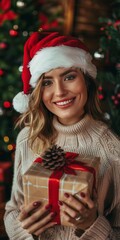 Canvas Print - A woman in a Santa hat presenting a Christmas gift.