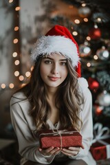 Poster - A woman in a Santa hat offering a holiday gift.