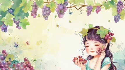 Background template with copy space of grape leaf and  vine and a little child