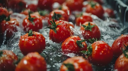 Wall Mural - Fresh red tomatoes glisten under running water in this close-up shot, showcasing their vibrant colors and natural beauty.