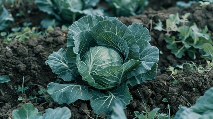 Poster - A lush cabbage plant thriving in a well-tended garden, with vivid green leaves forming a perfect head against the rich, dark soil.