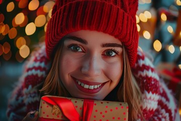 Poster - A woman offering a Christmas gift with a festive smile.