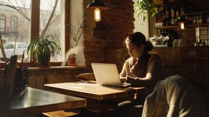 Sticker - A serene coffee shop interior where a woman works on her laptop beside a large window, basking in warm sunlight.