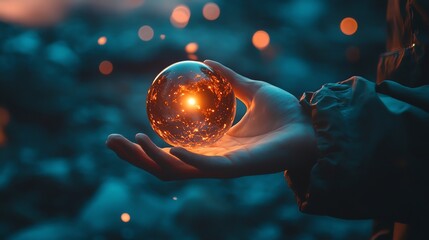 Sticker - A hand holds a glowing crystal ball, with a blue and orange background.