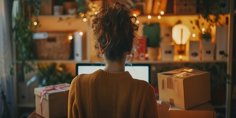 Poster - A woman is sitting in front of a computer with a box behind her