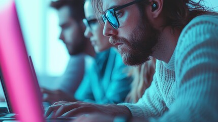 A group of individuals deeply engrossed in their tasks, working on laptops, representing concentration, collaboration, and modern digital work environment in a possibly co-working space.