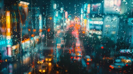 Wall Mural - Neon city lights blur through raindrops on a window, creating a colorful and abstract urban night scene.