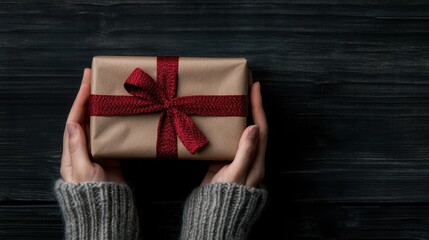 The image captures hands in a grey sweater holding a brown paper-wrapped gift box with a red ribbon, embodying the essence of generosity and heartfelt giving.