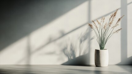 A simplistic decorative plant placed in a pot, illuminated by natural light that creates an intricate play of light and shadows on the surrounding wall, evoking calm and serenity.