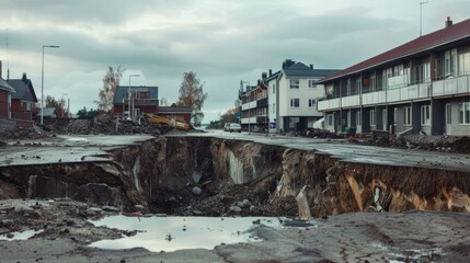 A deep, yawning sinkhole splits the road in front of apartment buildings, causing significant destruction and urban chaos.