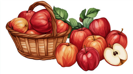 Wall Mural - A Basketful of Bounty: A delightful illustration of a rustic woven basket overflowing with plump red apples, symbolizing abundance, harvest, and the sweetness of nature.  