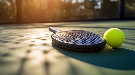 Wall Mural - A paddle and tennis ball on a court.