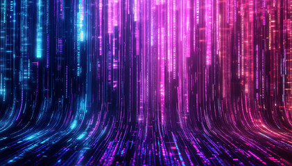 Digital abstract matrix background with blue and purple symbols.Streaming data, binary data moving on a digital road - Digital Code concept	
