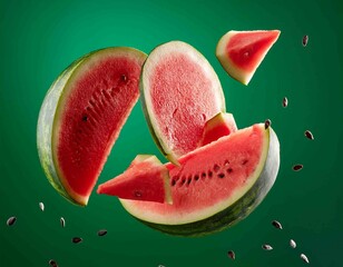 Fresh raw watermelon falling in the air isolated on green background