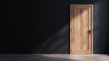 A wooden door set against a dark-colored wall is illuminated by sunlight, forming intricate patterns of light and shadow on the door's surface and the floor, emphasizing a modern architectural style.