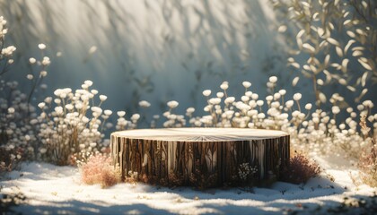 Wall Mural - Sunlit woodland platform adorned with delicate dried flowers in a serene rustic setting