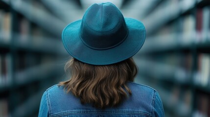 A person wearing a blue denim jacket and a hat, viewed from behind, is exploring an aisle of a library filled with books, evoking a sense of exploration and curiosity.