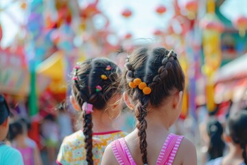 Wall Mural - Two young girls with braided hair stand in a crowd of people