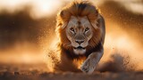 This dramatic image captures a ferocious lion running straight towards the viewer on a dusty savanna, demonstrating nature's raw power and an untamed, wild spirit under golden light.