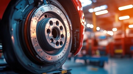 Poster - Close-up of a car wheel in a workshop, showcasing industrial equipment and lighting.