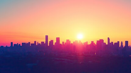 Poster - A city skyline silhouetted against a vibrant sunrise, with a large clear sky area for text placement. -