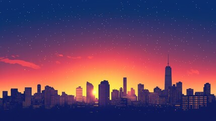 Poster - A city skyline silhouetted against a vibrant sunrise, with a large clear sky area for text placement. -