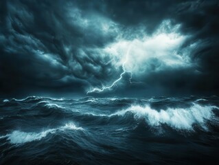 Dramatic storm over dark ocean, massive lightning bolt illuminating roiling clouds and turbulent waves, intense contrast