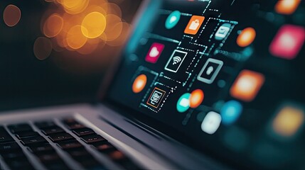 Poster - A close-up of a laptop screen showing network connectivity icons, with a clean, blurred background providing space for text.